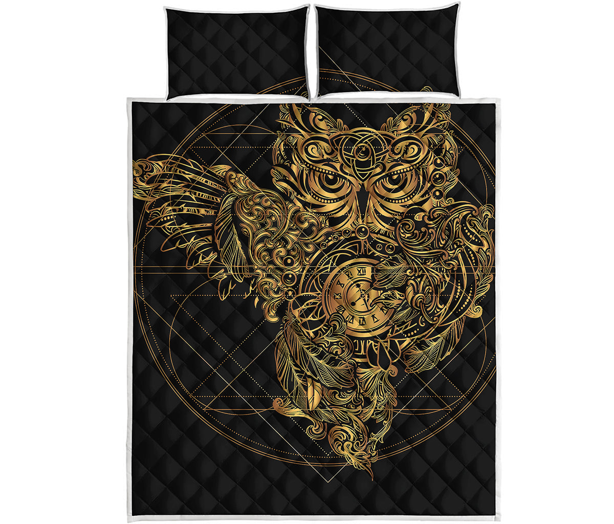 Golden Spiritual Owl Print Quilt Bed Set