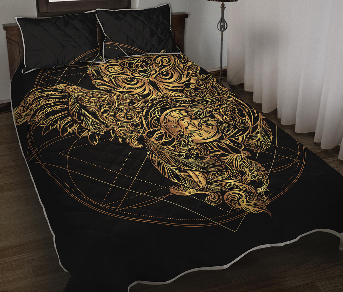 Golden Spiritual Owl Print Quilt Bed Set