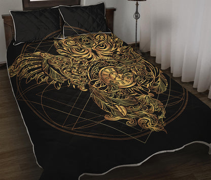 Golden Spiritual Owl Print Quilt Bed Set