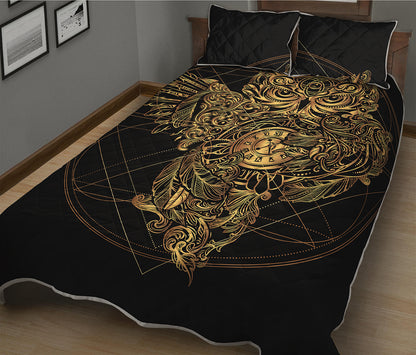 Golden Spiritual Owl Print Quilt Bed Set