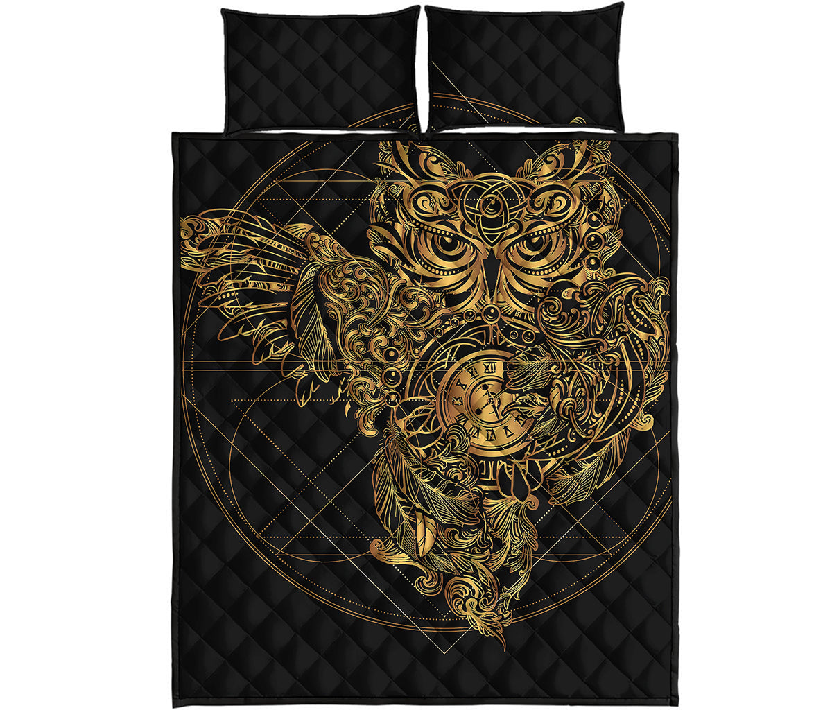 Golden Spiritual Owl Print Quilt Bed Set