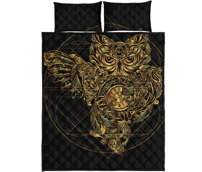 Golden Spiritual Owl Print Quilt Bed Set