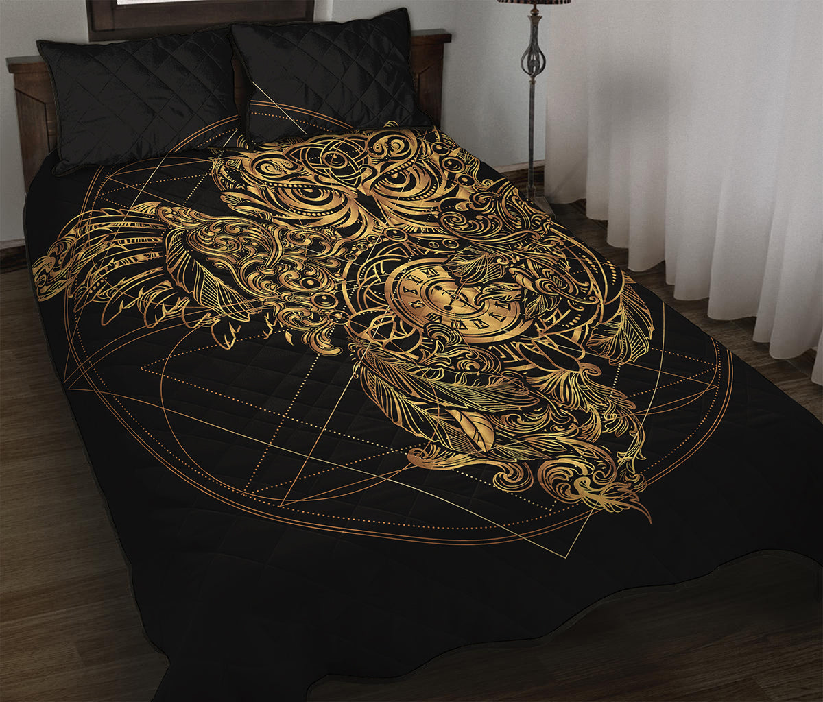 Golden Spiritual Owl Print Quilt Bed Set