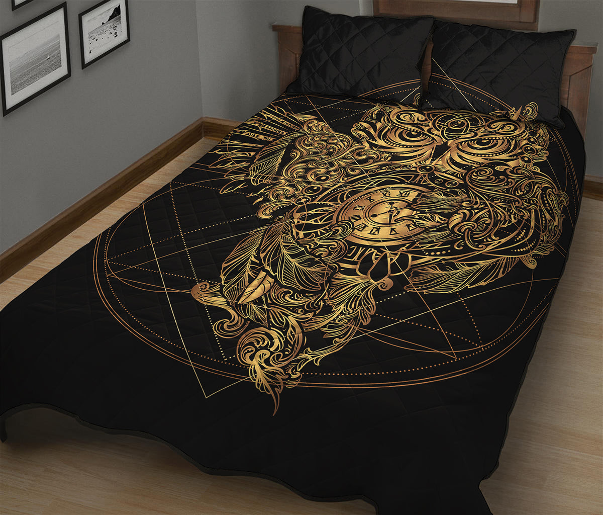 Golden Spiritual Owl Print Quilt Bed Set