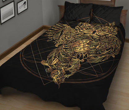 Golden Spiritual Owl Print Quilt Bed Set