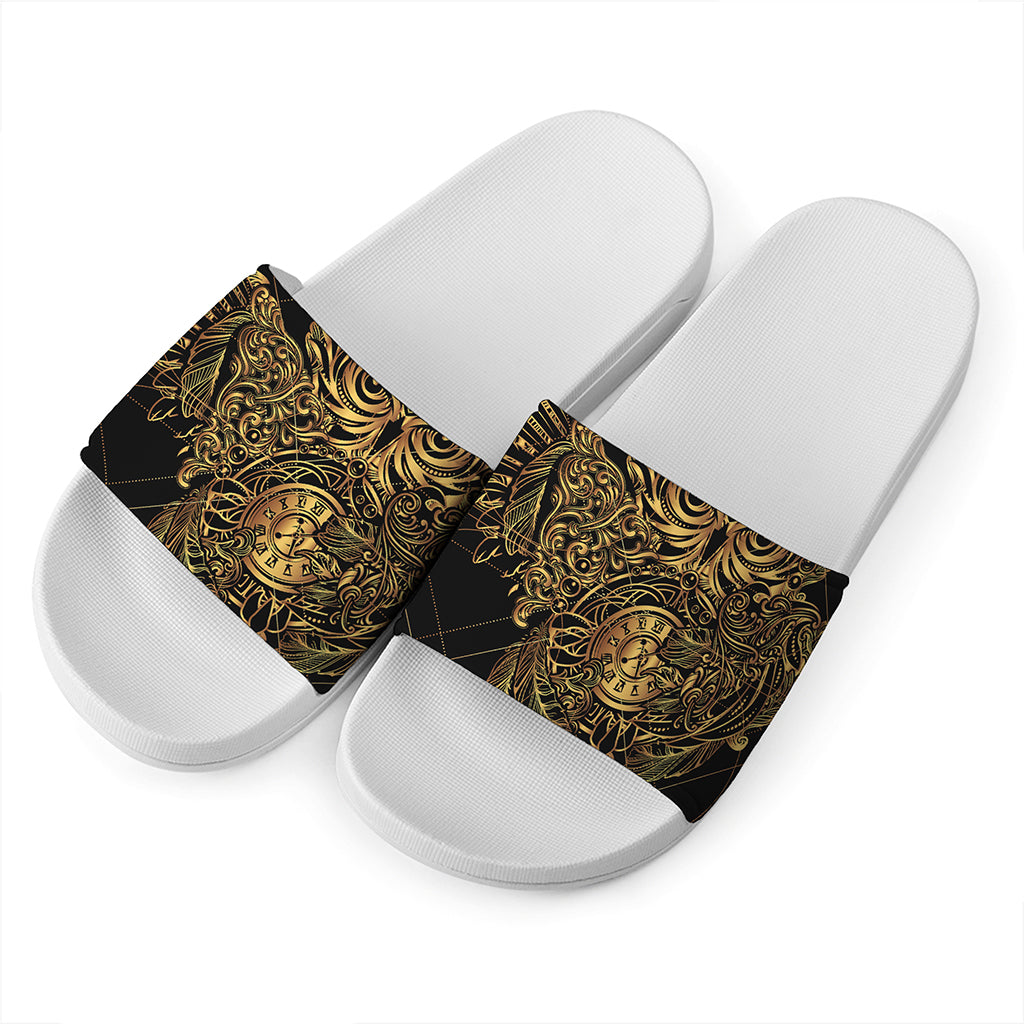 Golden Spiritual Owl Print White Slide Sandals
