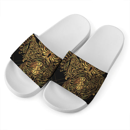 Golden Spiritual Owl Print White Slide Sandals