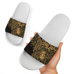 Golden Spiritual Owl Print White Slide Sandals