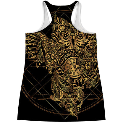 Golden Spiritual Owl Print Women's Racerback Tank Top