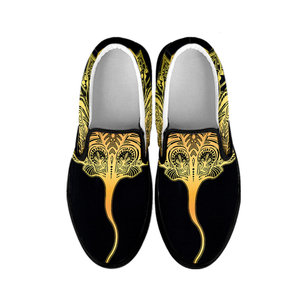Golden Spiritual Stingray Print Black Slip On Shoes