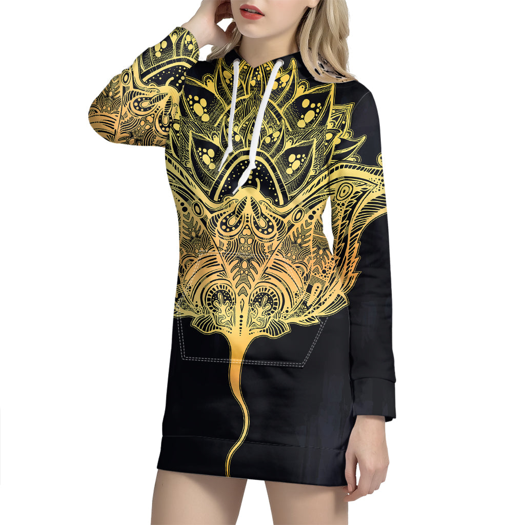 Golden Spiritual Stingray Print Pullover Hoodie Dress