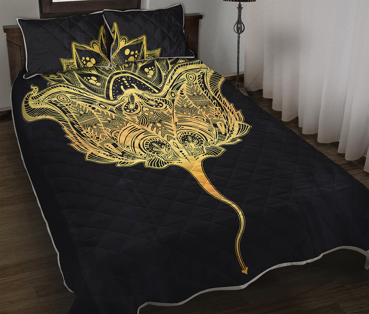 Golden Spiritual Stingray Print Quilt Bed Set