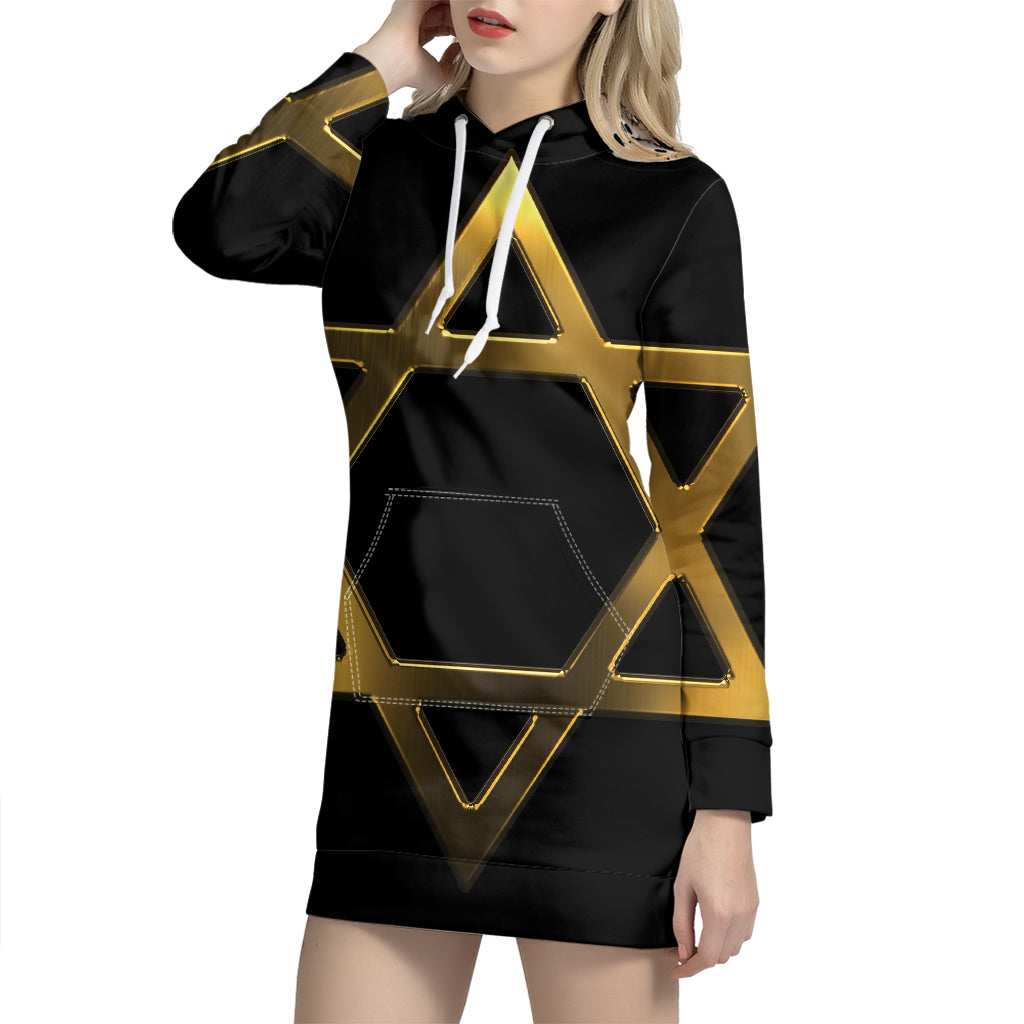 Golden Star of David Print Pullover Hoodie Dress