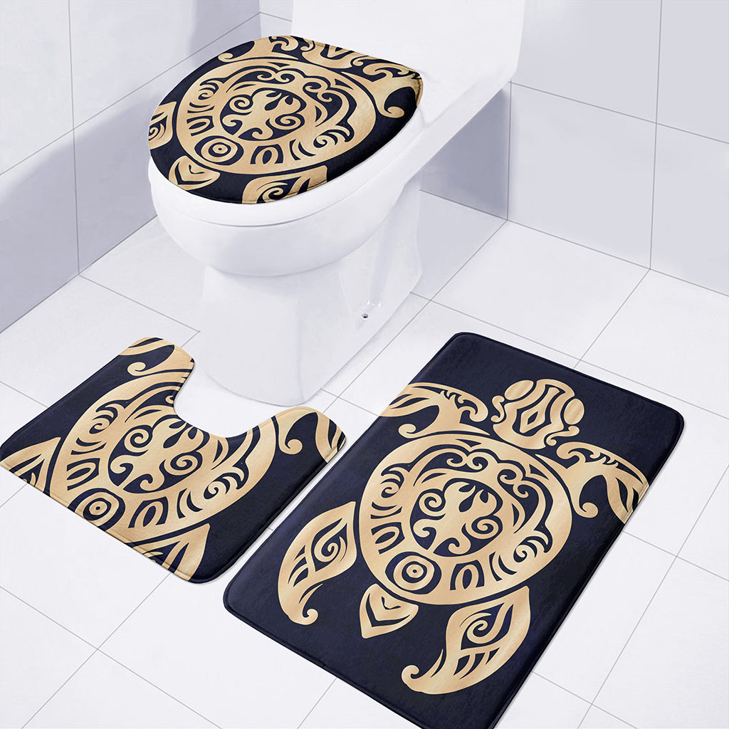 Golden Tribal Sea Turtle Print 3 Piece Bath Mat Set