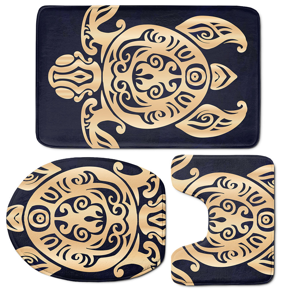 Golden Tribal Sea Turtle Print 3 Piece Bath Mat Set