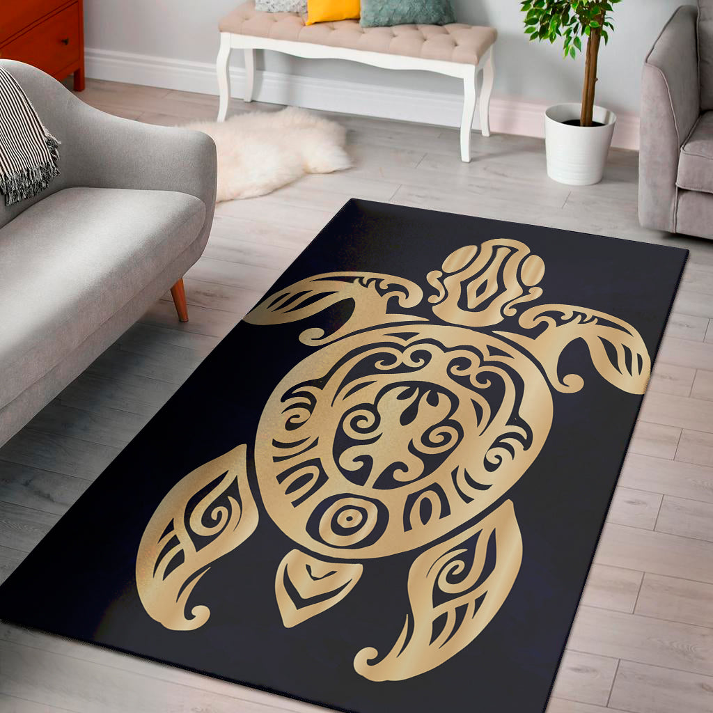 Golden Tribal Sea Turtle Print Area Rug