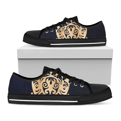Golden Tribal Sea Turtle Print Black Low Top Shoes 