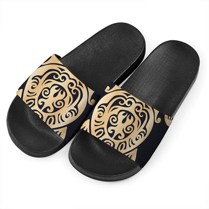 Golden Tribal Sea Turtle Print Black Slide Sandals