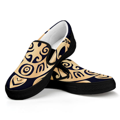 Golden Tribal Sea Turtle Print Black Slip On Shoes