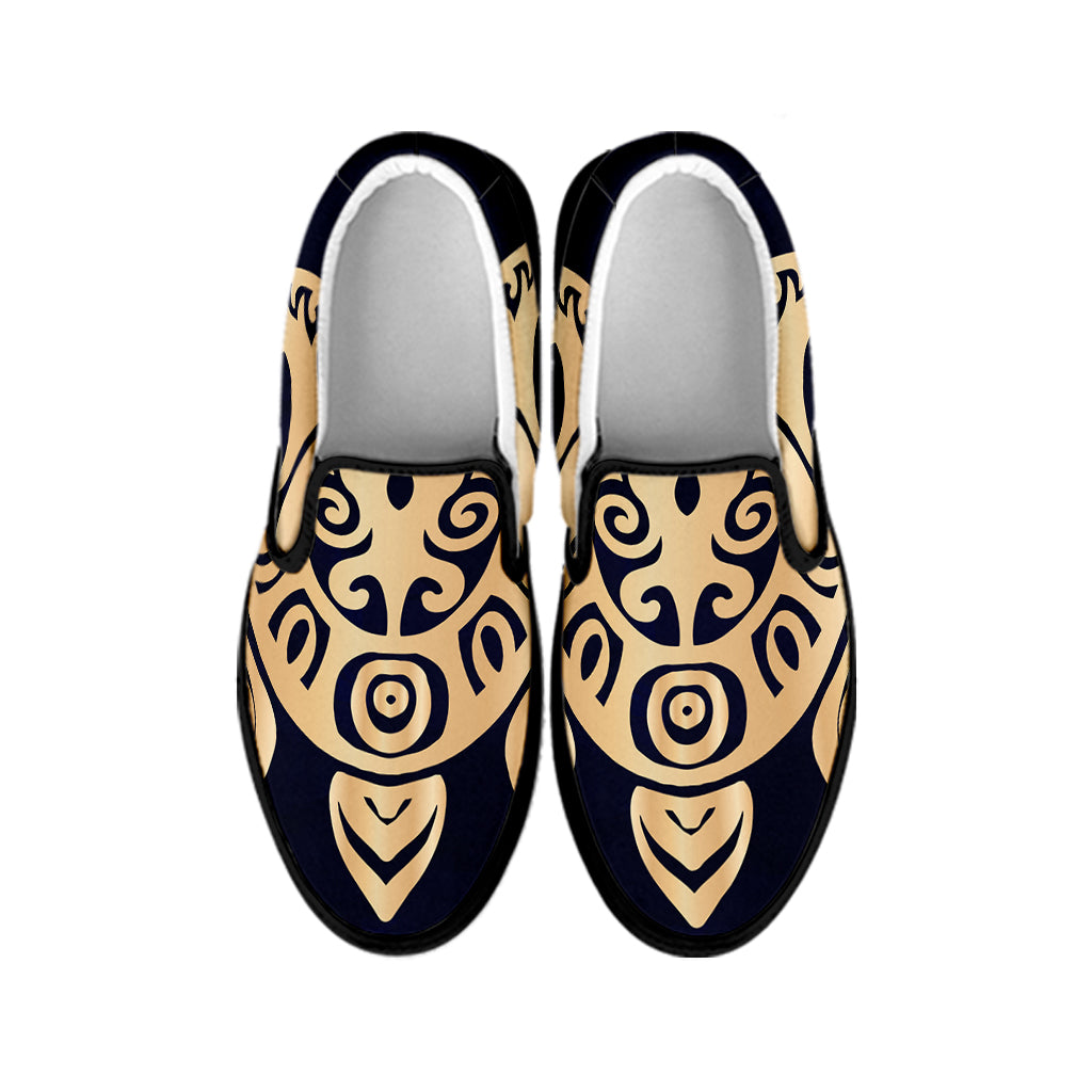 Golden Tribal Sea Turtle Print Black Slip On Shoes