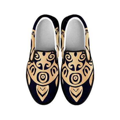 Golden Tribal Sea Turtle Print Black Slip On Shoes