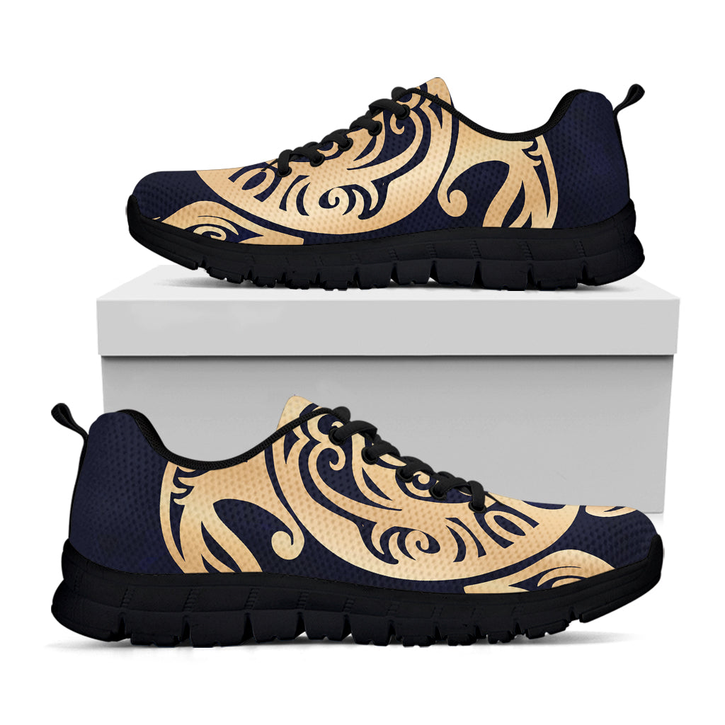 Golden Tribal Sea Turtle Print Black Sneakers