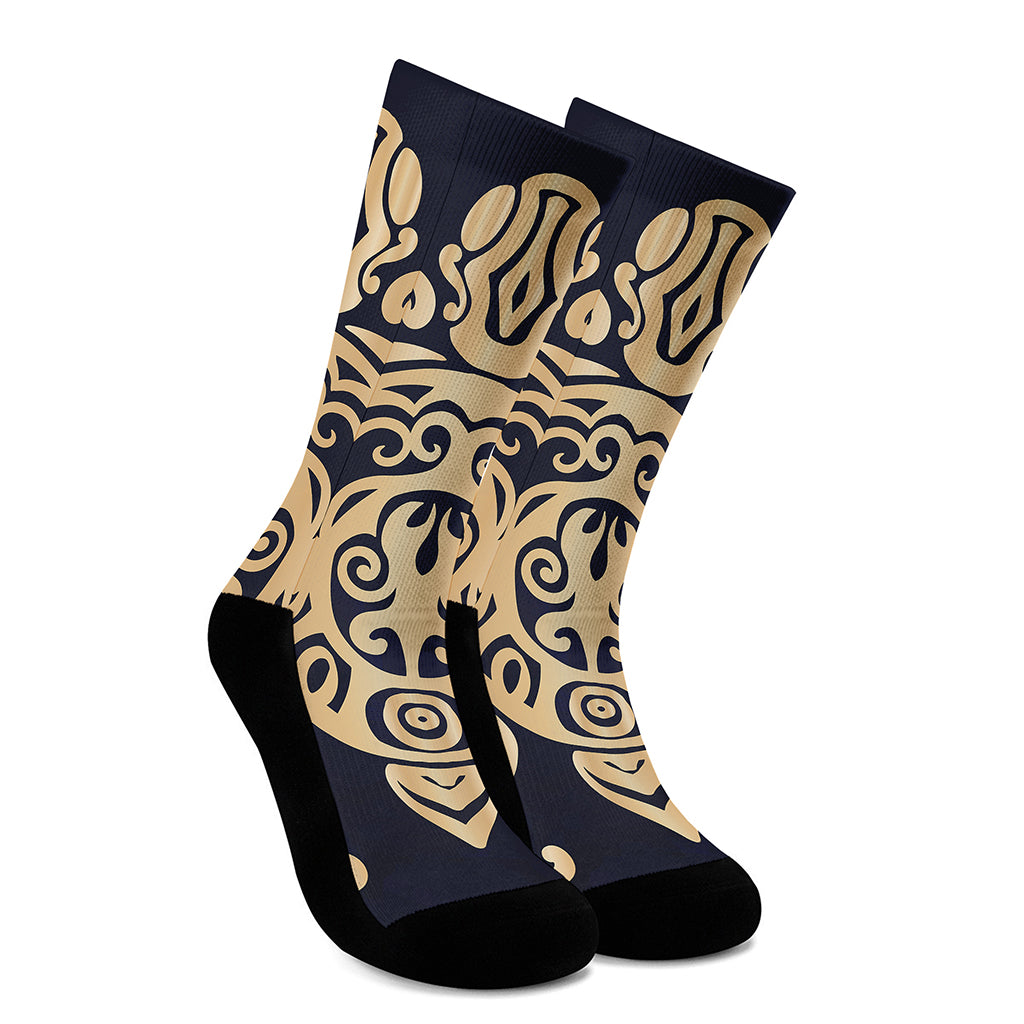 Golden Tribal Sea Turtle Print Crew Socks