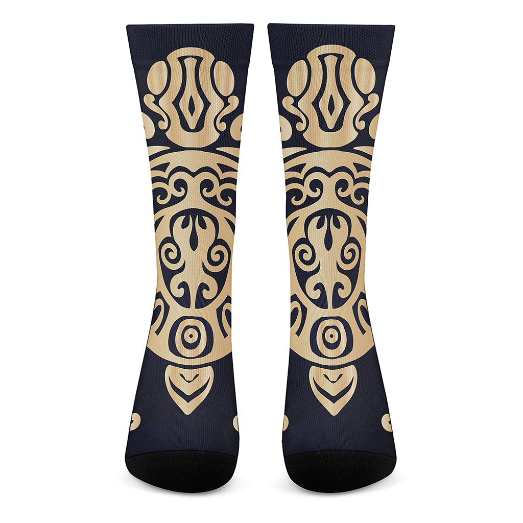 Golden Tribal Sea Turtle Print Crew Socks