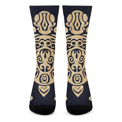 Golden Tribal Sea Turtle Print Crew Socks