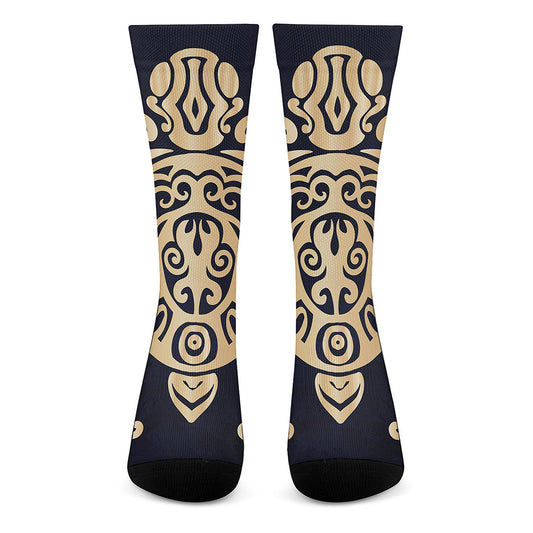 Golden Tribal Sea Turtle Print Crew Socks