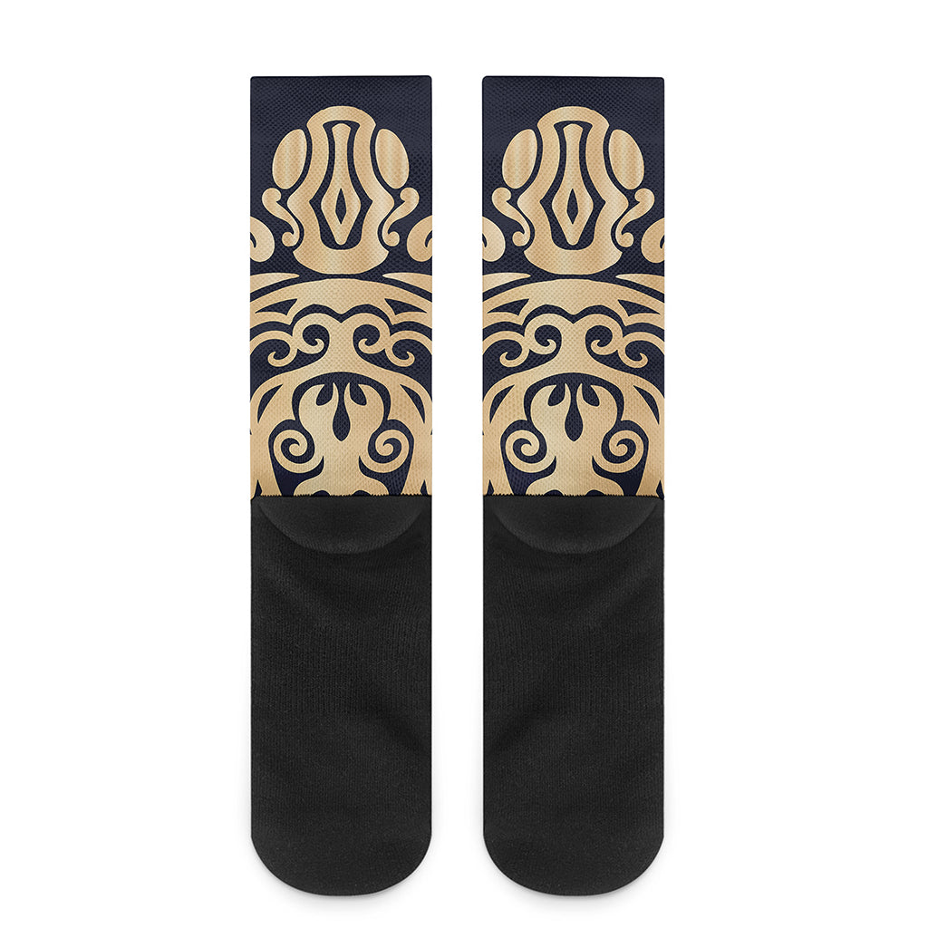 Golden Tribal Sea Turtle Print Crew Socks