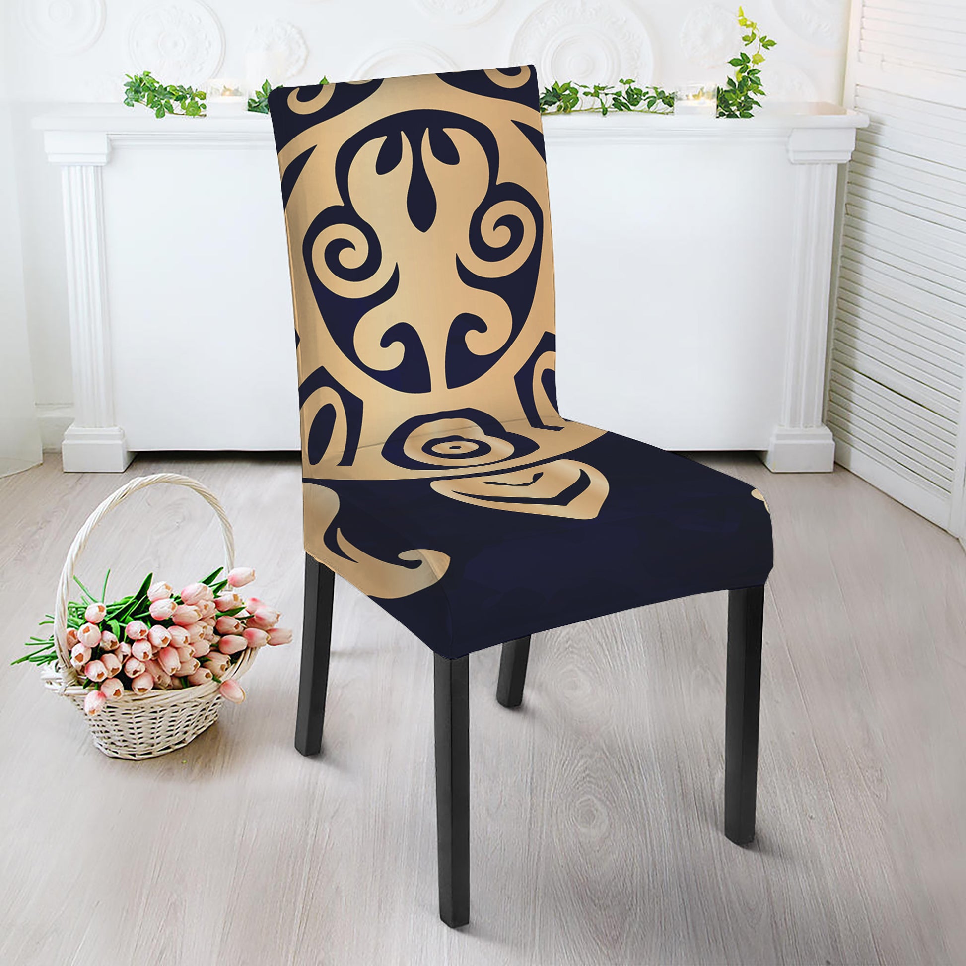 Golden Tribal Sea Turtle Print Dining Chair Slipcover