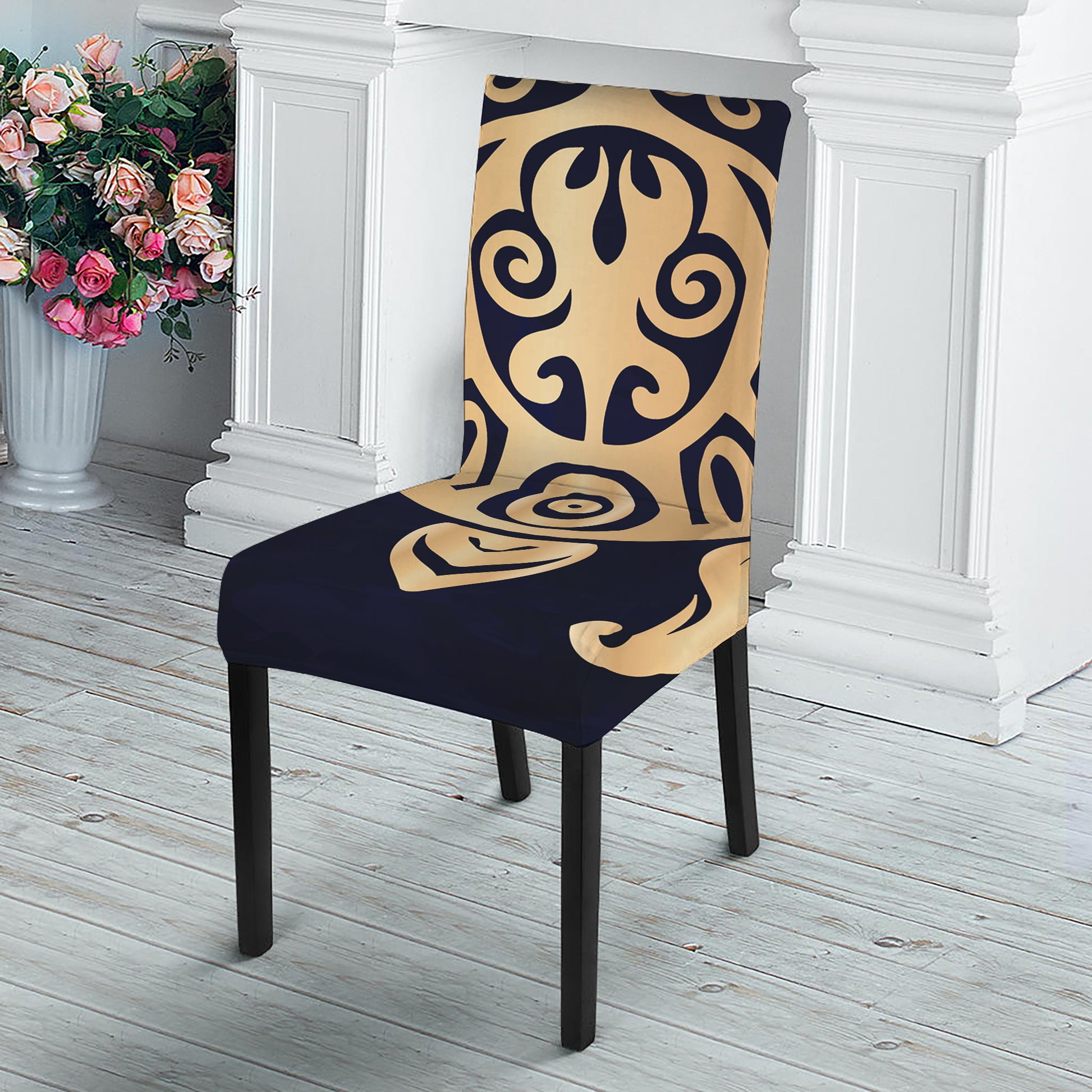 Golden Tribal Sea Turtle Print Dining Chair Slipcover