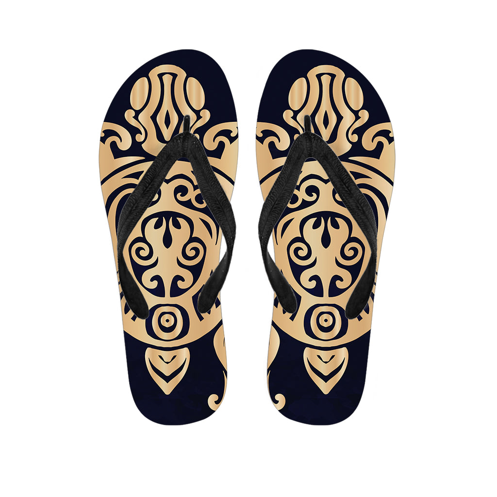 Golden Tribal Sea Turtle Print Flip Flops