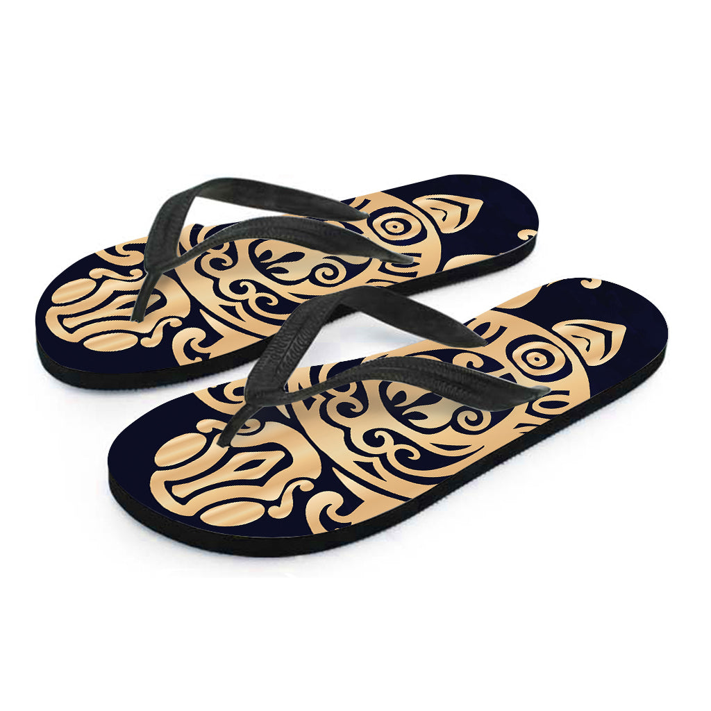 Golden Tribal Sea Turtle Print Flip Flops