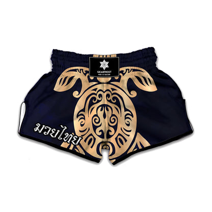 Golden Tribal Sea Turtle Print Muay Thai Boxing Shorts