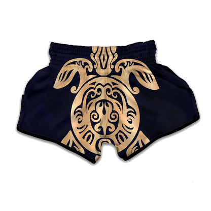 Golden Tribal Sea Turtle Print Muay Thai Boxing Shorts