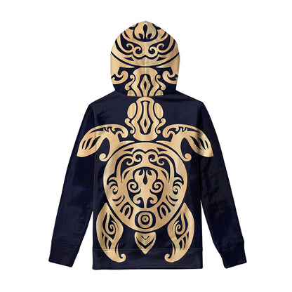 Golden Tribal Sea Turtle Print Pullover Hoodie