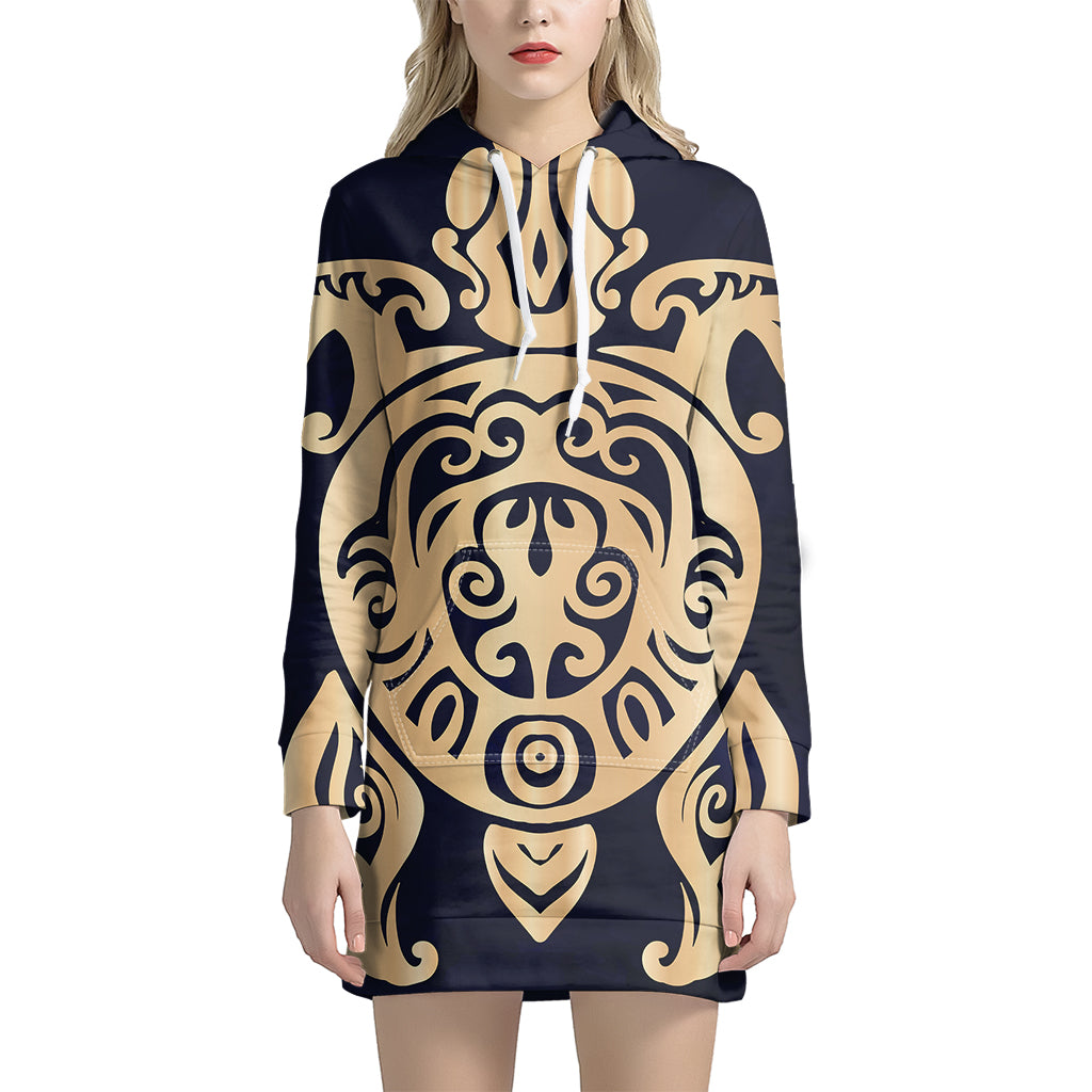 Golden Tribal Sea Turtle Print Pullover Hoodie Dress