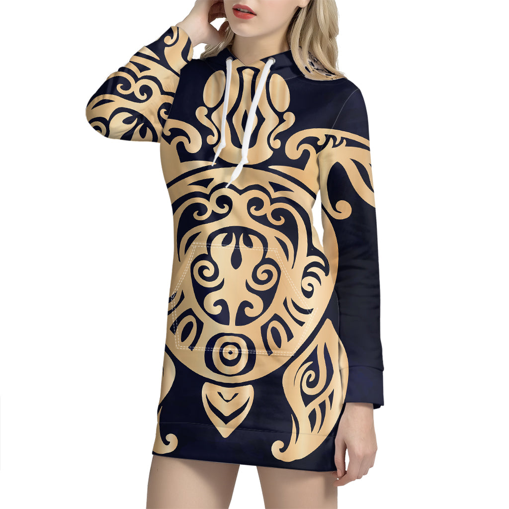 Golden Tribal Sea Turtle Print Pullover Hoodie Dress