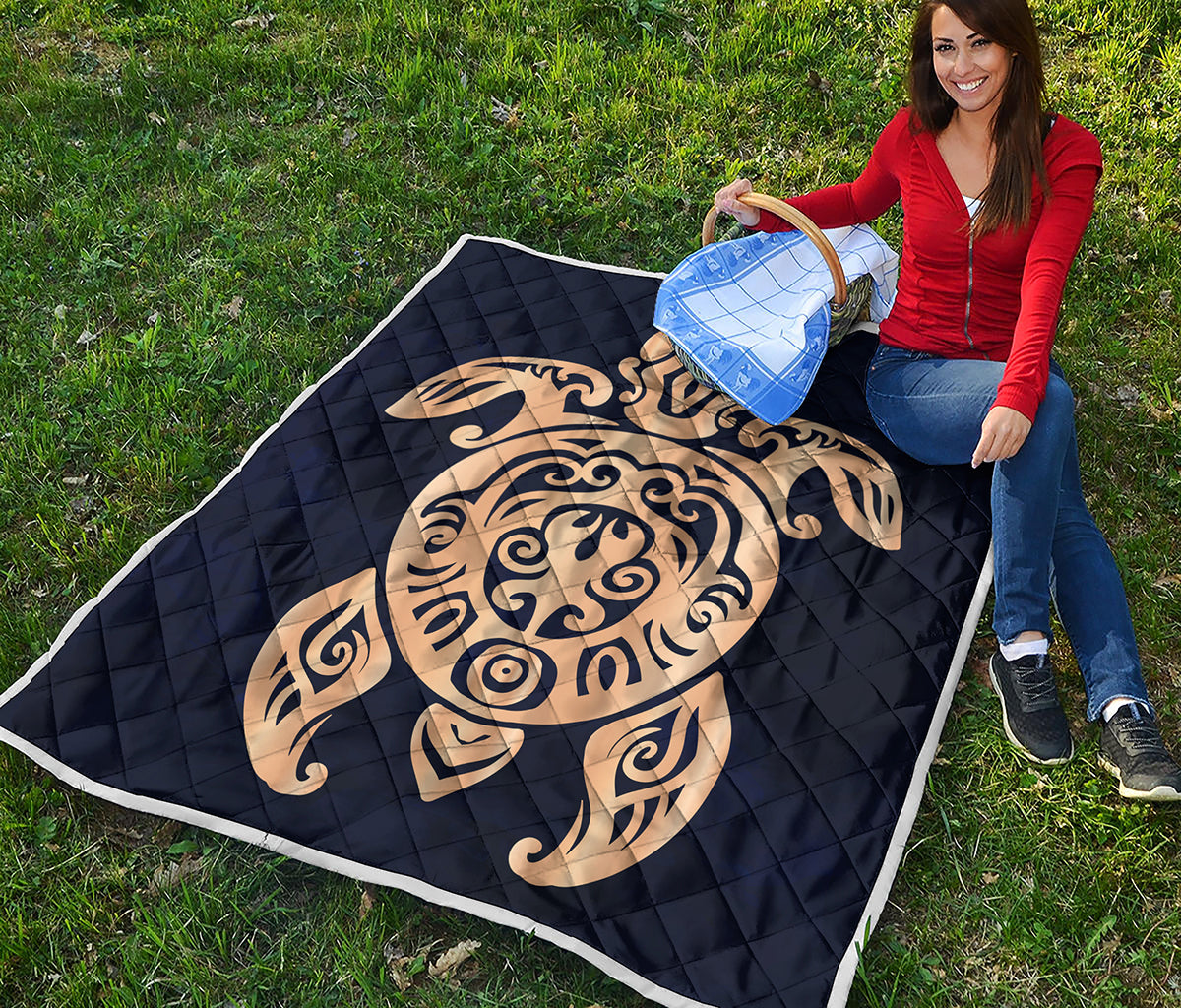 Golden Tribal Sea Turtle Print Quilt
