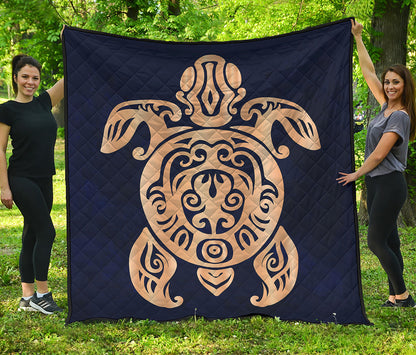 Golden Tribal Sea Turtle Print Quilt