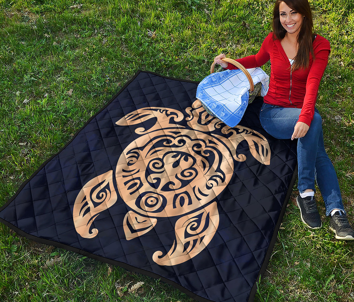 Golden Tribal Sea Turtle Print Quilt