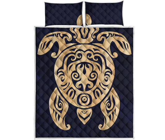 Golden Tribal Sea Turtle Print Quilt Bed Set