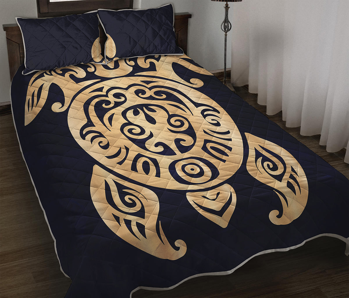 Golden Tribal Sea Turtle Print Quilt Bed Set