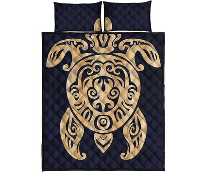 Golden Tribal Sea Turtle Print Quilt Bed Set