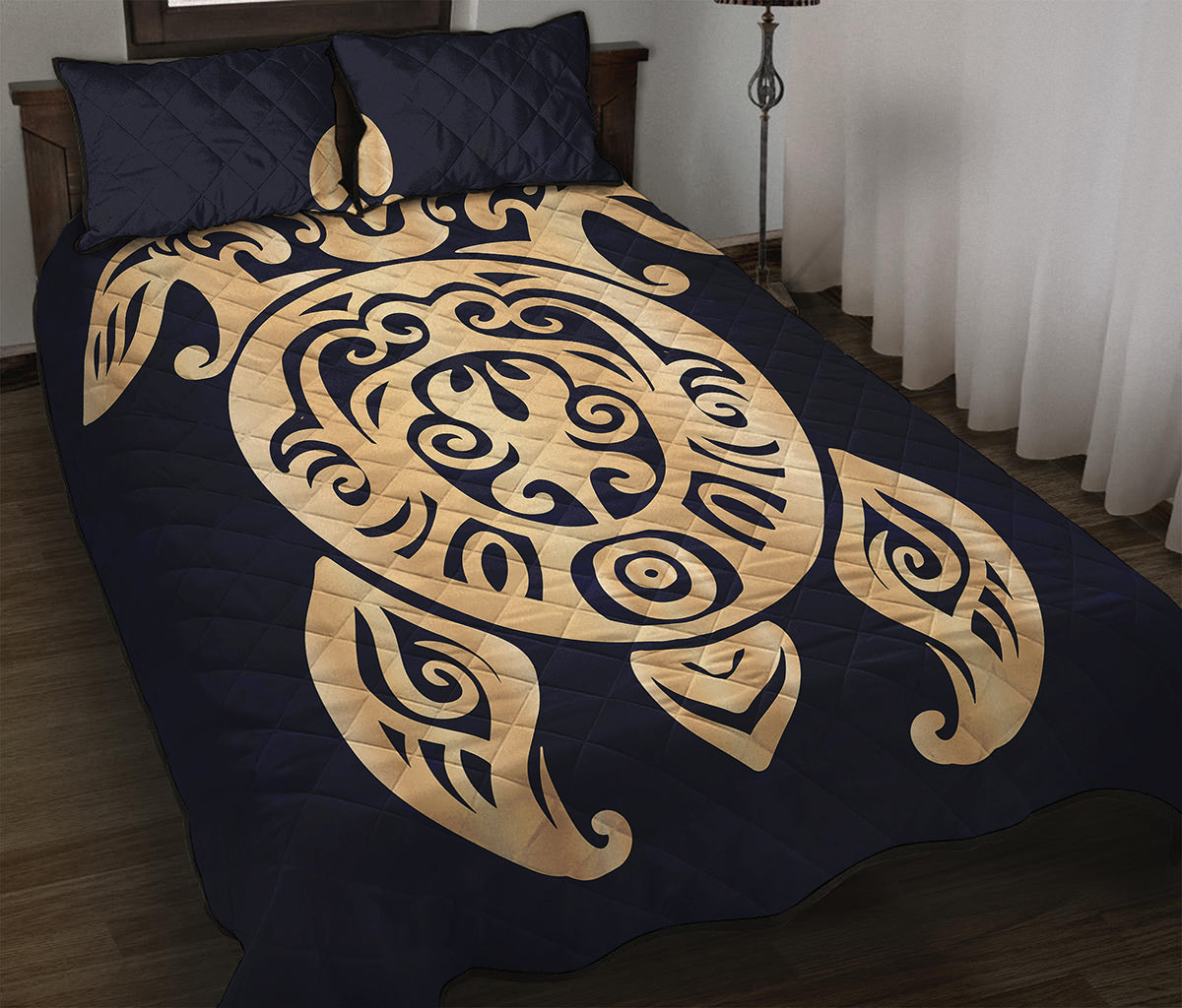 Golden Tribal Sea Turtle Print Quilt Bed Set