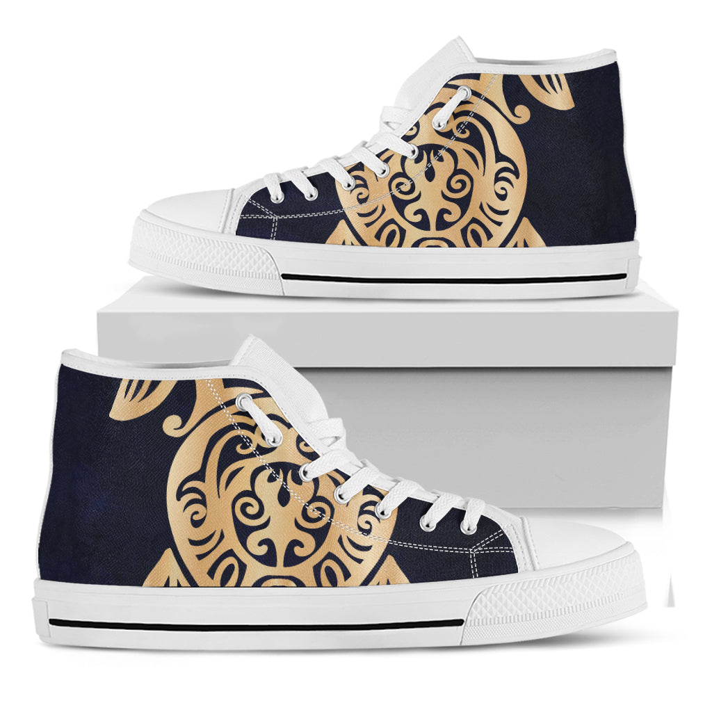 Golden Tribal Sea Turtle Print White High Top Shoes