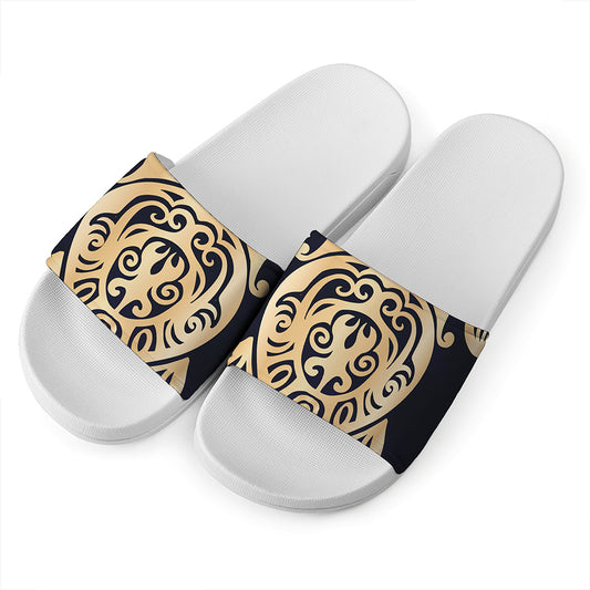 Golden Tribal Sea Turtle Print White Slide Sandals