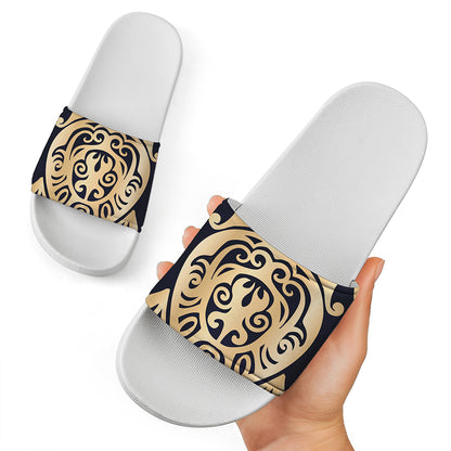 Golden Tribal Sea Turtle Print White Slide Sandals